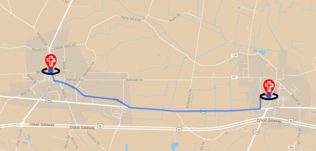 2-churches-1-pastor-2 Map showing the locations of two churches