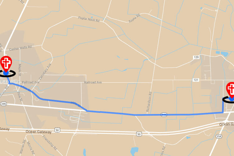 Map showing the locations of two churches